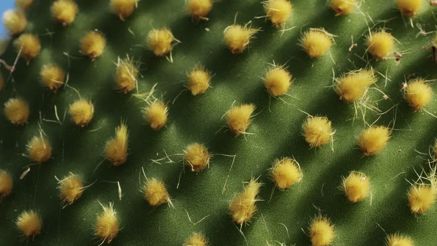 Close up green cactus with yellow spines within a desert environment, city park in Barcelona, Montjuic. African background. 