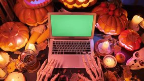 Laptop with green screen on which typing bony hands next to pile pumpkins lanterns, candles and mug beer. Creepy Happy Halloween party celebration mystical background.  - Powered by Shutterstock - Get 15% off with code: PIKWIZARD15
