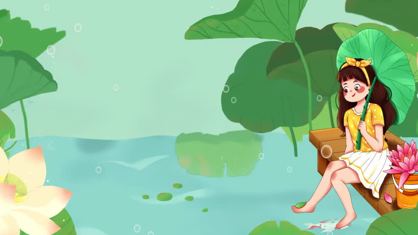 Peaceful Fantasy Nature Landscape Simple and fresh cartoon summer travel watercolor style with lotus pond in lake and fish