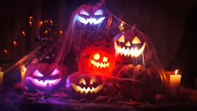 Creepy scary Halloween decorations Jack-o-lanterns carved pumpkins flickering lights among the thick fog covered with cobwebs, party background. - Powered by Shutterstock - Get 15% off with code: PIKWIZARD15