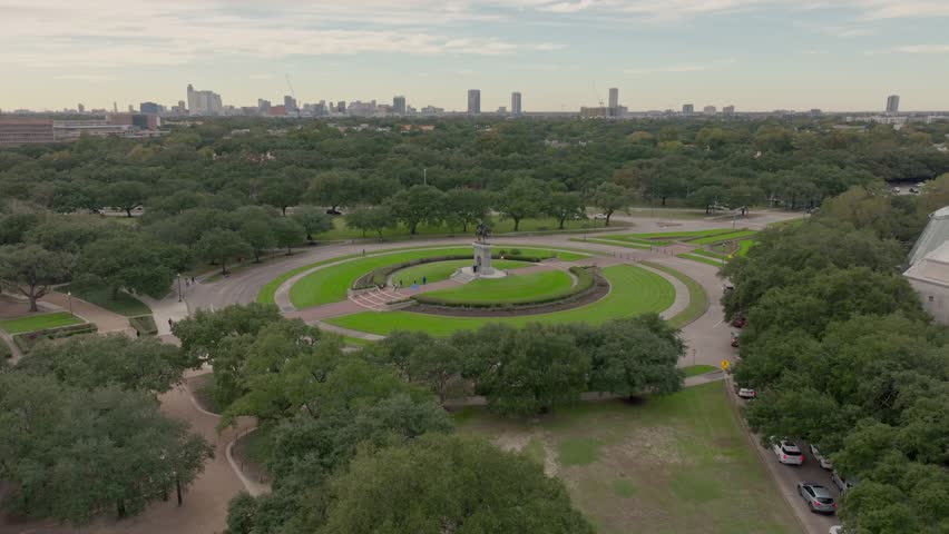 Panoramic shot of Sam Houston Statue in Hermann Park in Houston, TX