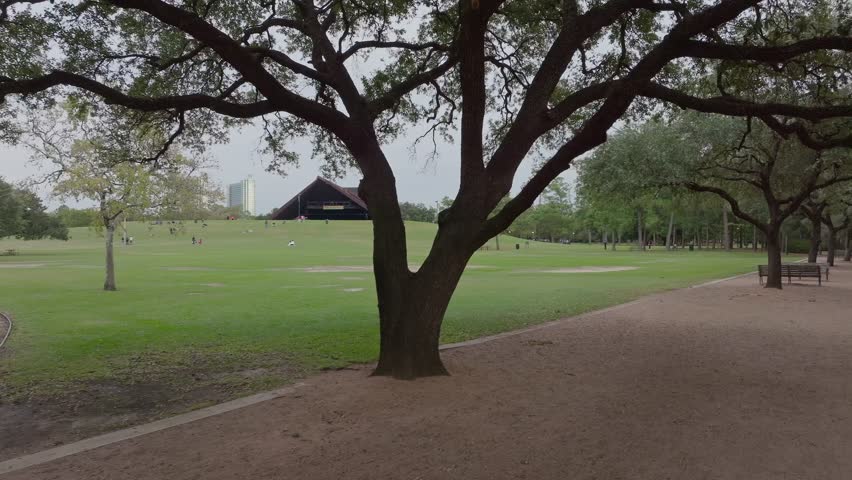 Ground shot of Miller Hill in Hermann Park in Houston, TX on a cloudy day