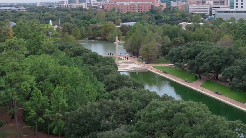 Panoramic shot of Reflection pool in Hermann Park in Houston, TX