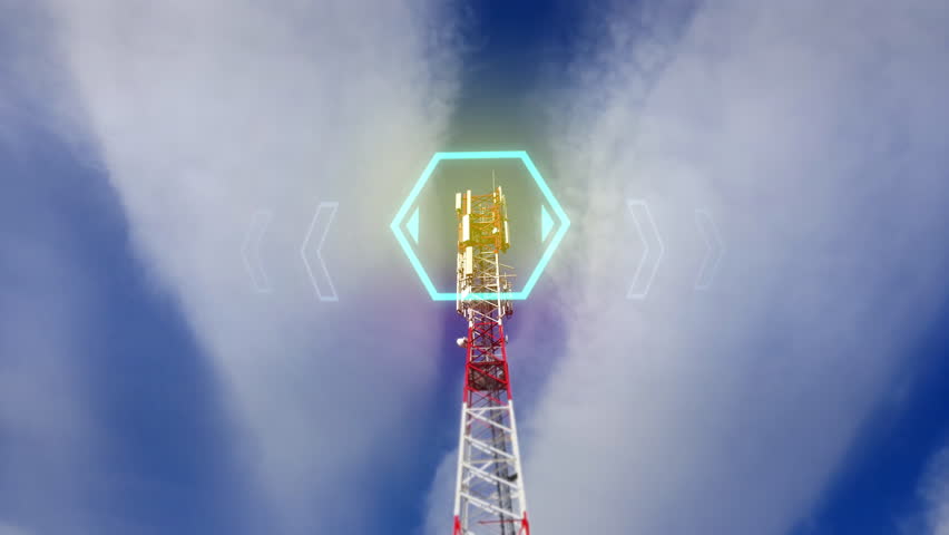 Radio tower broadcasting electromagnetic waves against blue sky. Communication technology concept