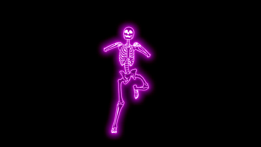 Seamless animation of a dancing skeleton. Funny halloween background with neon fluorescent effect for parties and events.