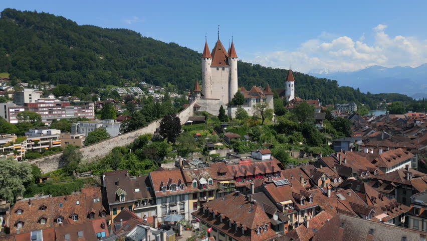 Aerial Shot of the old town of Thun city in Switzerland