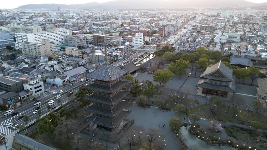 Aerial view of Kyoto city at sunset and Hokan-ji Temple