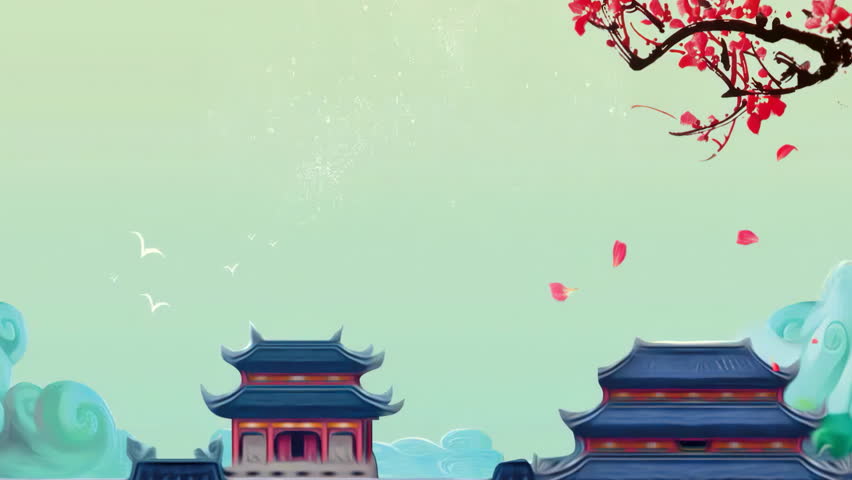 Digital art ancient landscape Painting Traditional Ink Style national building plum blossoms flying of beautiful morning sky, mountains, flowers, ancient house in Japanese Chinese watercolor style