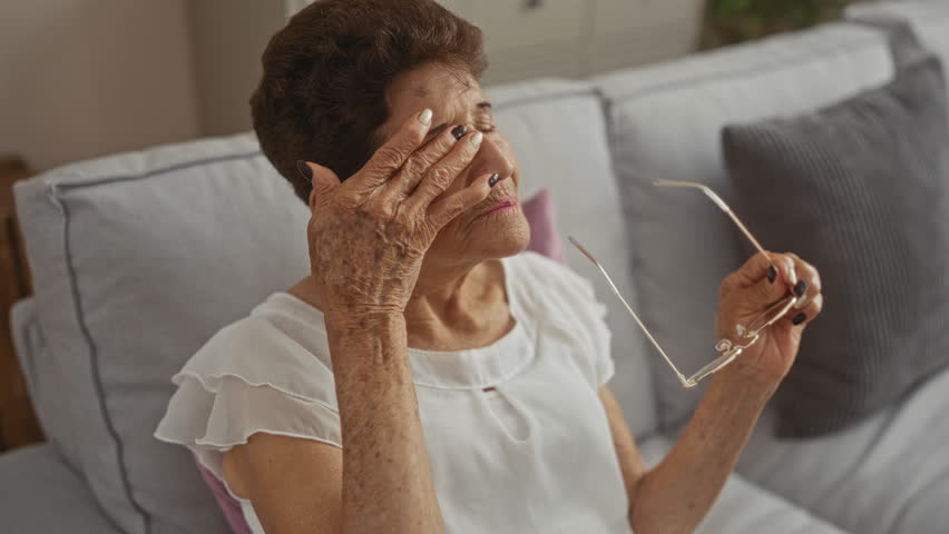 Elderly hispanic woman with short hair sitting on a sofa in her living room rubbing her eyes and holding eyeglasses.
