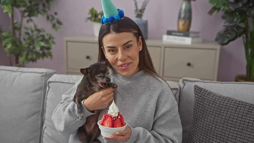 Smiling woman celebrates with chihuahua and strawberry dessert indoors
