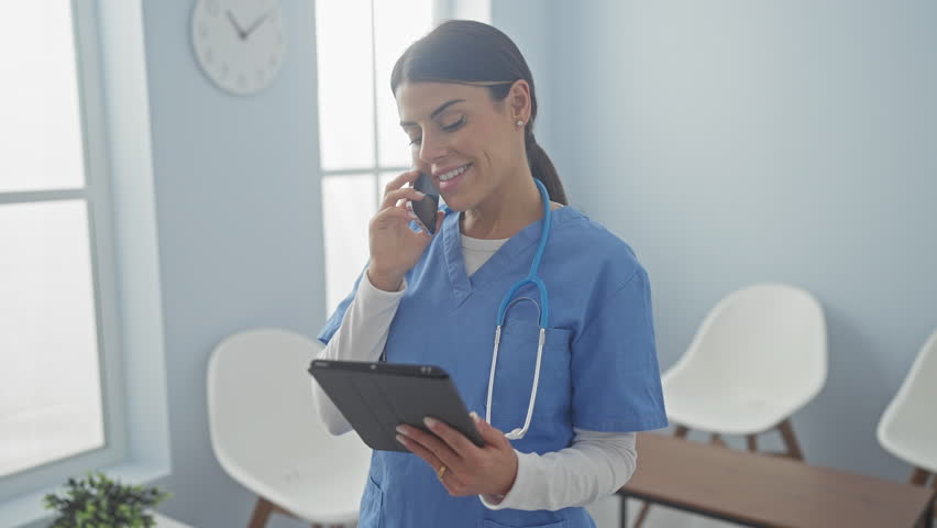 A smiling woman nurse in scrubs speaking on a mobile phone while holding a tablet in a bright hospital room