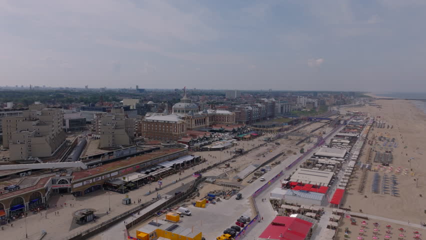 Aerial view of Grand Hotel Amrath Kurhaus of The Hague, Netherlands, capturing its baroque architecture in front of the beach
