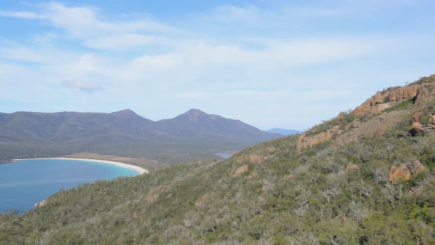 Scenic panoramic views of Wineglass Bay in Freycinet National Park, Tasmania