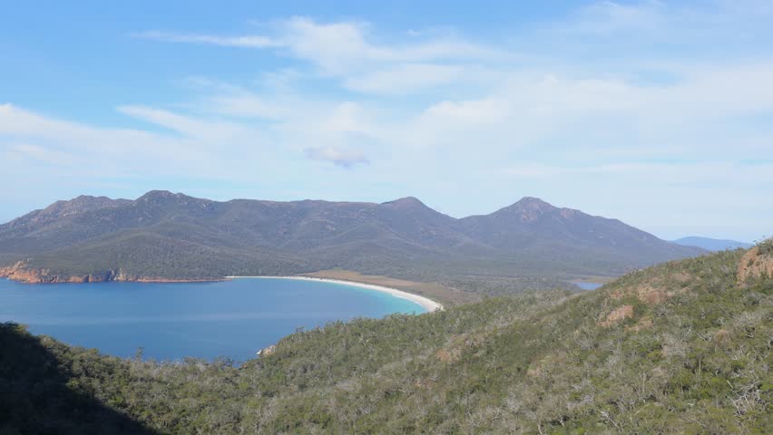 Scenic panoramic views of Wineglass Bay in Freycinet National Park, Tasmania