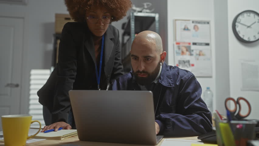 Two professionals, a woman and a man, collaborate in a modern office, evoking teamwork and workplace strategy.