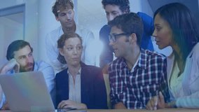 Collaborating on laptop, diverse team with geometric shapes and data processing animation. Collaboration, technology, teamwork, innovation, brainstorming, modern - Powered by Shutterstock - Get 15% off with code: PIKWIZARD15