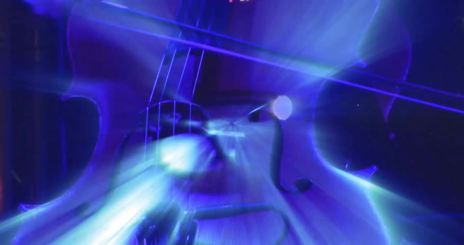 Close-up of cello strings and bow with blue light animation. Music, instrument, performance, artistic