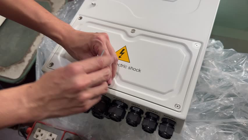 A worker unscrews a nut to open the inverter cover.