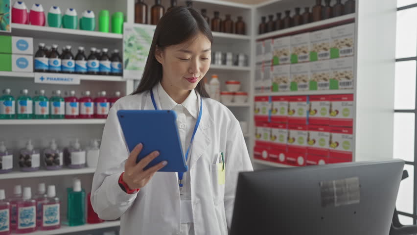 A focused asian woman pharmacist reviews digital data on a tablet inside a modern pharmacy
