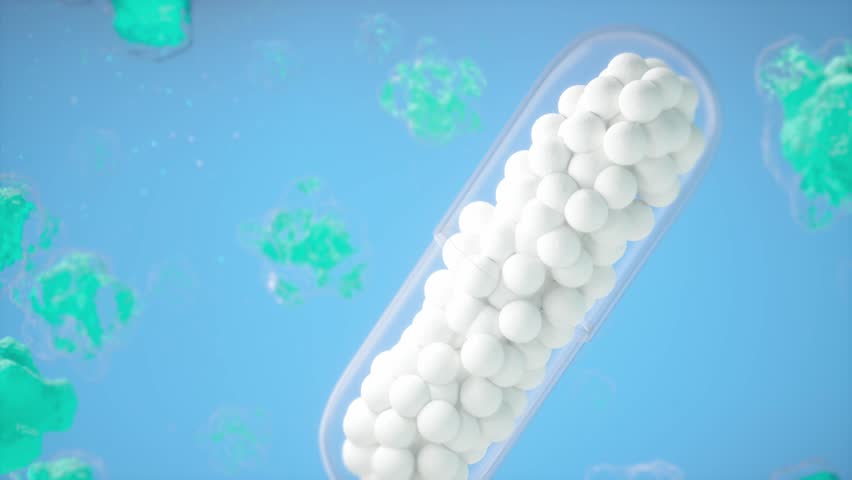 Medical Capsule With Biomedical Concept, 3D Probiotic, Hyaluronic Acid Skin Solution, Capsules Painkillers, Antibiotics, Vitamins, Amino Acids, Minerals, Bio Active Additive