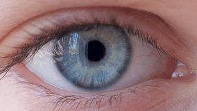 Close-up of Person's Eye With Blue Iris. Blue Eye of Child Looking at Camera Close Up. Macro Shot Opening and Closing Blue Eyes Little Girl. Motion of Children Eyes. Human Eye Iris Opening Pupil. - Powered by Shutterstock - Get 15% off with code: PIKWIZARD15