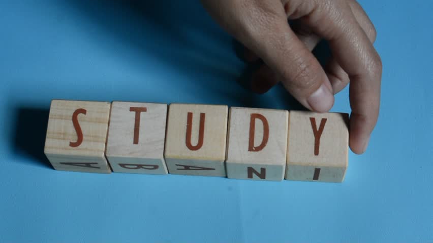 STUDY word written on wood block. Content text on wooden table for your desing, concept.