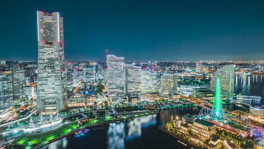 Yokohama Minato Mirai City Night View - Kanagawa, Japan - Time lapse video - zoom out
