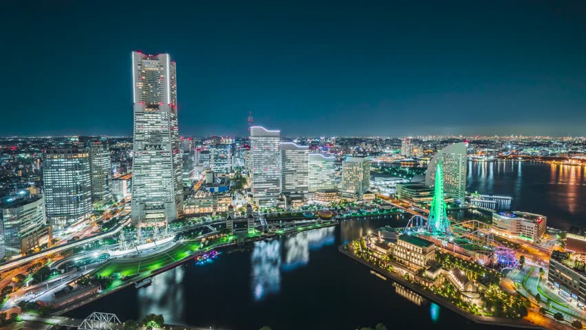 Yokohama Minato Mirai City Night View - Kanagawa, Japan - Time lapse video - zoom in