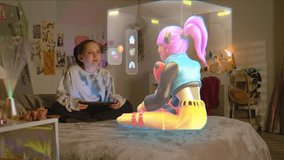 Young girl uses tablet computer, talks to virtual reality hologram in metaverse sitting on bed at home. Futuristic 3D graphics of animated avatar. Technology of AI friend simulation. Augmented reality - Powered by Shutterstock - Get 15% off with code: PIKWIZARD15