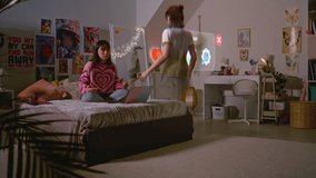 Teen girl chats with 3D animated avatar in cyberspace AI chat app sitting on bed with laptop. Futuristic VFX animation of virtual reality holographic character. AI friend technology. Augmented reality - Powered by Shutterstock - Get 15% off with code: PIKWIZARD15