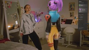 Teenager girl talks to 3D animated avatar in cyberspace AI chat, shows gymnastics splits in bedroom. Futuristic VFX animation of virtual reality hologram. Technology of AI friend. Augmented reality. - Powered by Shutterstock - Get 15% off with code: PIKWIZARD15