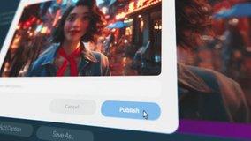 User interface of AI image generator. Artificial intelligence app generate detailed high-quality portrait of cute girl in neon street background. Advanced text to image technology. AI generated photo. - Powered by Shutterstock - Get 15% off with code: PIKWIZARD15