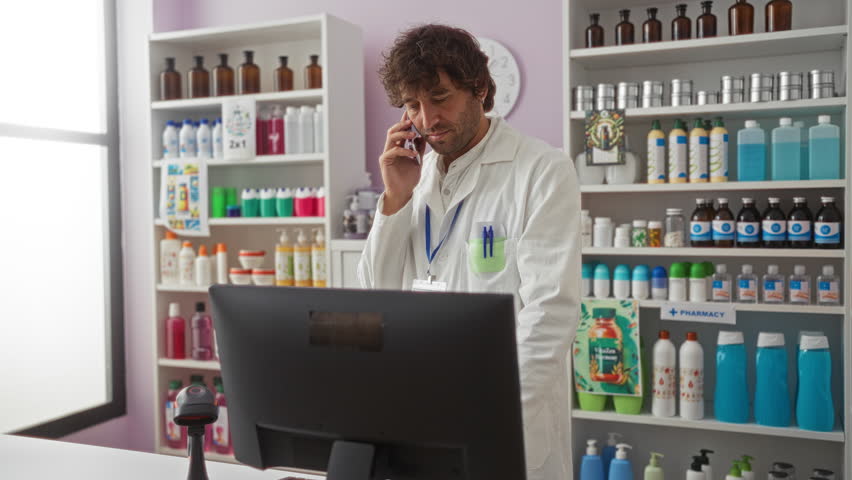 Pharmacist man talking on phone while working in pharmacy room with shelves stocked with various medical supplies and pharmaceutical bottles