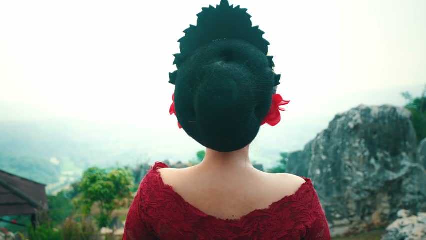 A woman in a red dress stands with her back to the camera, overlooking a scenic landscape. Her hair is styled elegantly with a large black accessory and a red flower. The background features rocky