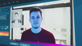 User interface of AI video generator. Artificial intelligence chatbot generate detailed high-quality video of man with digital facial recognition overlay. AI generated video creation. Machine learning - Powered by Shutterstock - Get 15% off with code: PIKWIZARD15