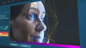User interface of artificial intelligence video generator. AI chatbot generate detailed high-quality realistic video: Woman face with facial recognition digital grid. Modern text to video technology. - Powered by Shutterstock - Get 15% off with code: PIKWIZARD15