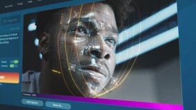 User interface of AI video generator. Artificial intelligence chatbot generate detailed video: Man face with digital facial recognition grid overlay. From text prompt to realistic AI generated video. - Powered by Shutterstock - Get 15% off with code: PIKWIZARD15