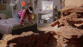 Teenage girl in AR headset looks at virtual reality holographic canyon in metaverse. Futuristic 3D animation of rocks and AI app interface. Technology of artificial intelligence. Augmented reality. - Powered by Shutterstock - Get 15% off with code: PIKWIZARD15