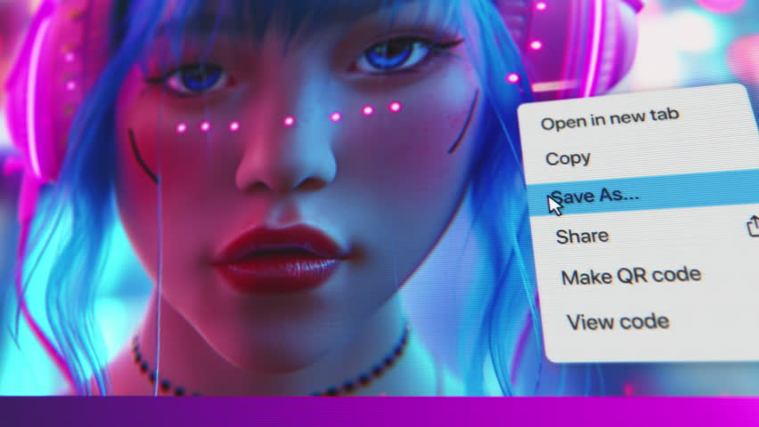 User interface of AI image generator. Artificial intelligence chatbot generate detailed high-quality image of cyberpunk girl in headphones with neon lights in anime style. Futuristic generative art.
