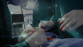 Surgeons performing operation with network connections animation over medical scene. Healthcare, technology, surgery, innovation, digital, teamwork - Powered by Shutterstock - Get 15% off with code: PIKWIZARD15