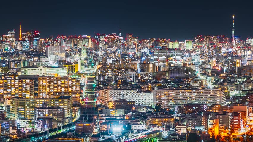 Tokyo city night view from Kawasaki city - Japan - time lapse video - fix