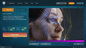 User interface of artificial intelligence video generator. AI chatbot generate detailed high-quality video: Woman face with facial recognition digital grid. Text to video technology. Automated artwork - Powered by Shutterstock - Get 15% off with code: PIKWIZARD15