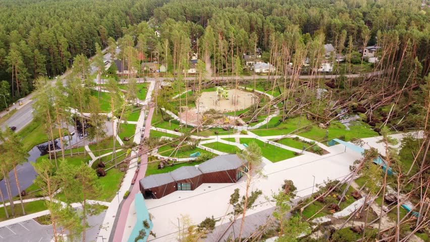 Modern park after powerful storm, aerial view