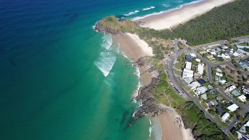 Waterfront Village Of Cabarita Beach Along The Coral Sea Coast, East of Tweed Coast Road In New South Wales, Australia. Aerial Shot