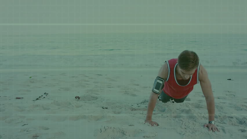 Digital data sphere animation over man doing push-ups on sandy beach. Fitness, workout, technology, health, exercise, futuristic - Powered by Shutterstock - Get 15% off with code: PIKWIZARD15