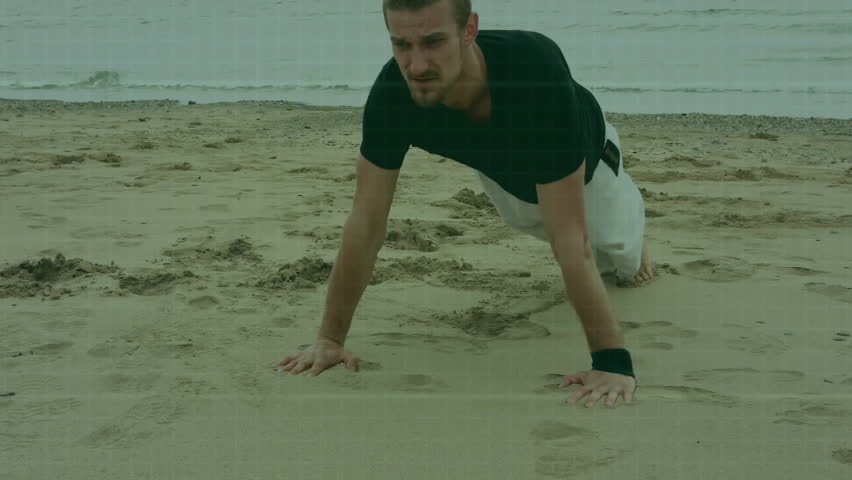 Man doing push-ups on beach with digital data processing animation over scene. Fitness, workout, exercise, technology, animated, training - Powered by Shutterstock - Get 15% off with code: PIKWIZARD15