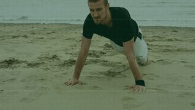 Man doing push-ups on beach with digital data processing animation over scene. Fitness, workout, exercise, technology, animated, training - Powered by Shutterstock - Get 15% off with code: PIKWIZARD15