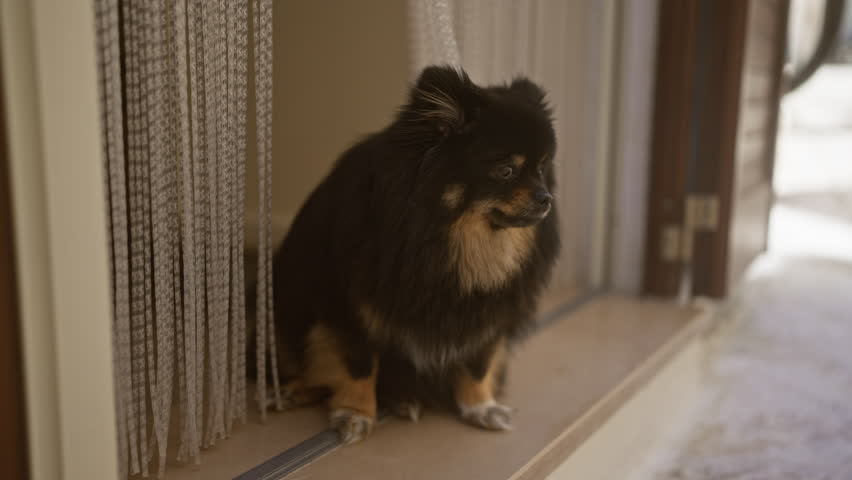 A fluffy pomeranian dog sits at a patio door, gazing outside the house with sheer curtains gently hanging around.