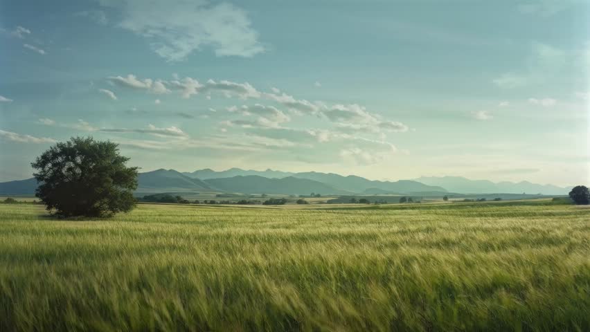 Loop background - green field with blue sky and clouds, grass and clouds are moving