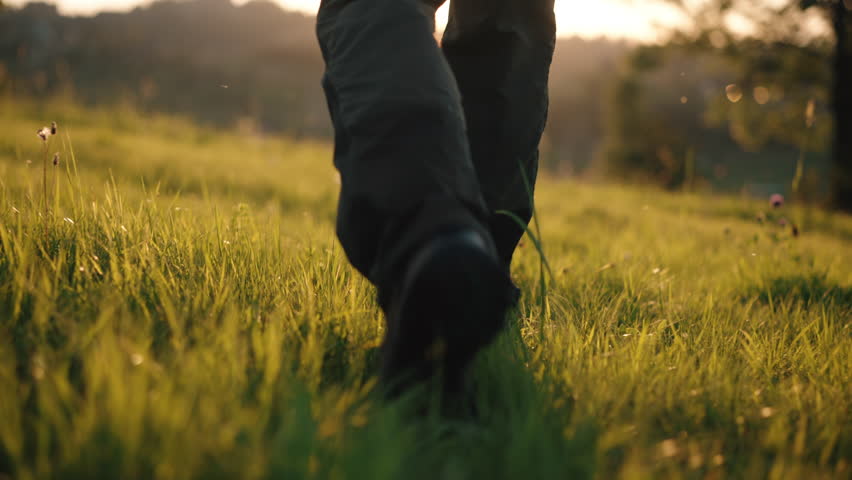 Rear back view steady shot male feet stepping on grassy meadow hill overlooking mountains in sunrise or sunset light. Man wearing hiking boots walks on clover grass. Male hiker explorer, sunny morning